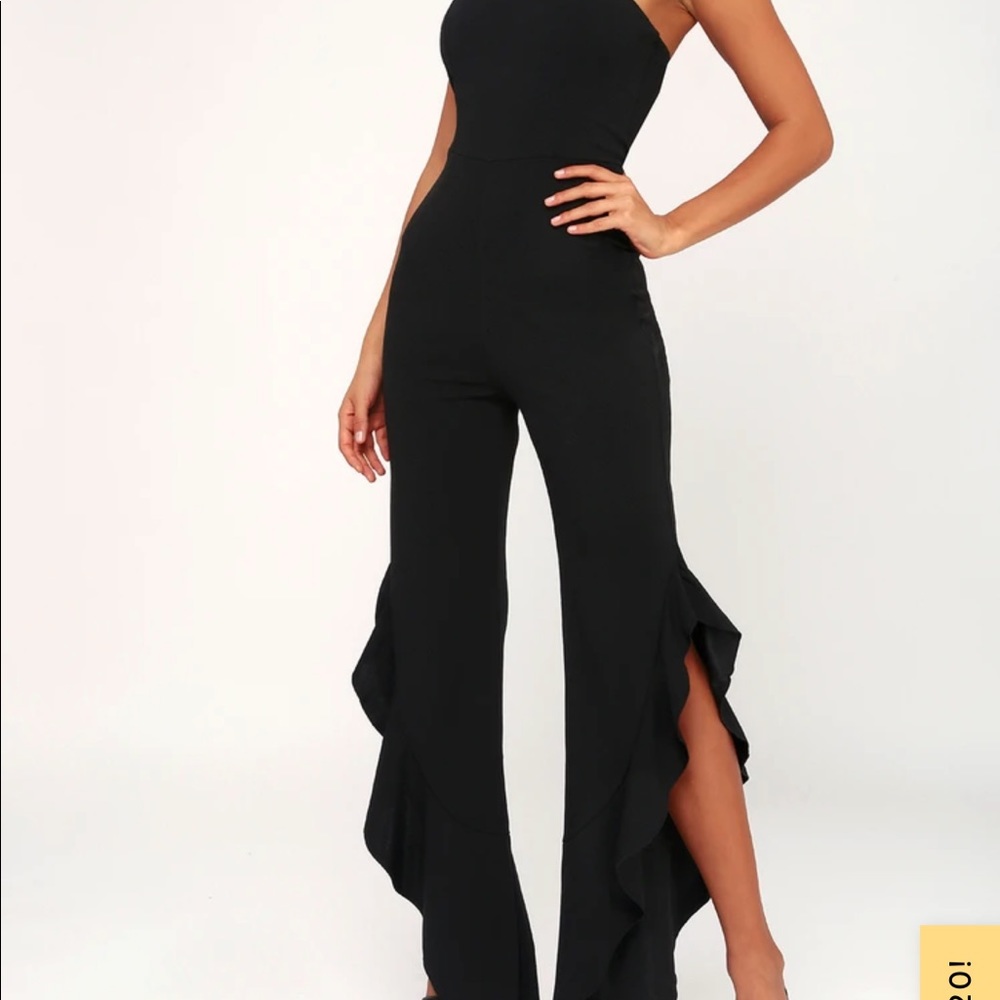 Black Strapless Ruffle Leg Jumpsuit